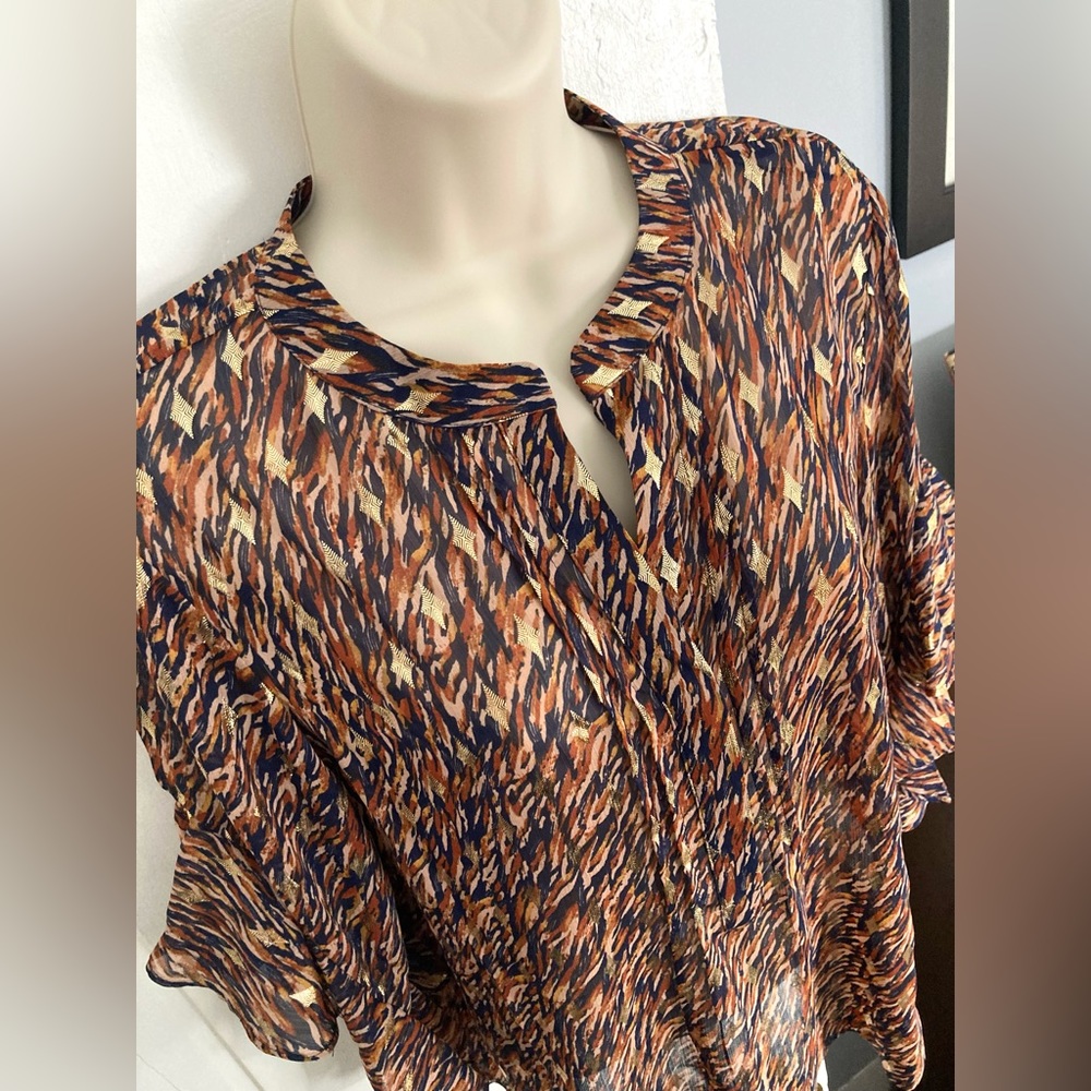 Vince Camuto Ruffle Sleeves Sheer Pintuck Blouse w/ Gold Foil Accents Small NWT